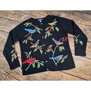 VTG NORTHERN ISLES Cardigan Sweater Womens M Cardinals Blue Bird Embroidered EUC